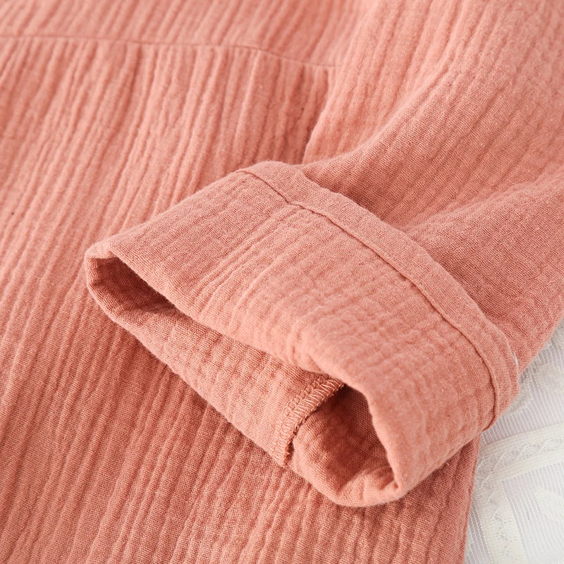 Spring and Autumn Women's Long Sleeve Nightdress 100%Cotton Crepe Round Neck Button Solid Color Dress Home Dress Nightgown Dress