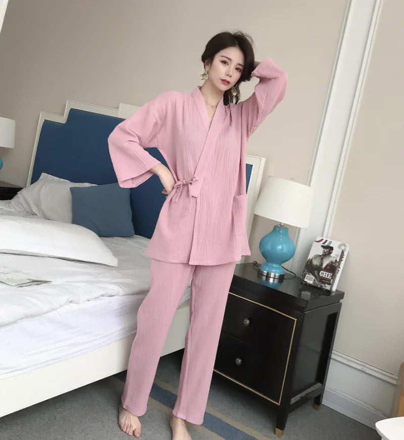 Japanese kimono suit lovers 100% cotton crepe pajamas long sleeved trousers two-piece kimono suit for men and women sleepwear