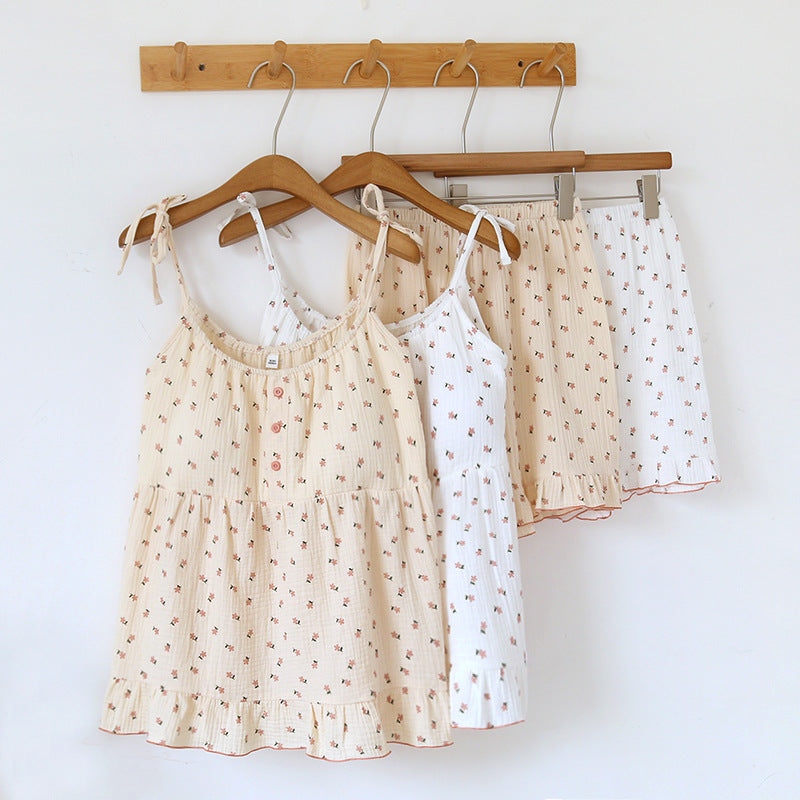 2025 Japanese Summer New Women's Pajama Set 100% Cotton Crepe Cloth Ladies Suspender+Shorts Two Piece Home Furnishing Set