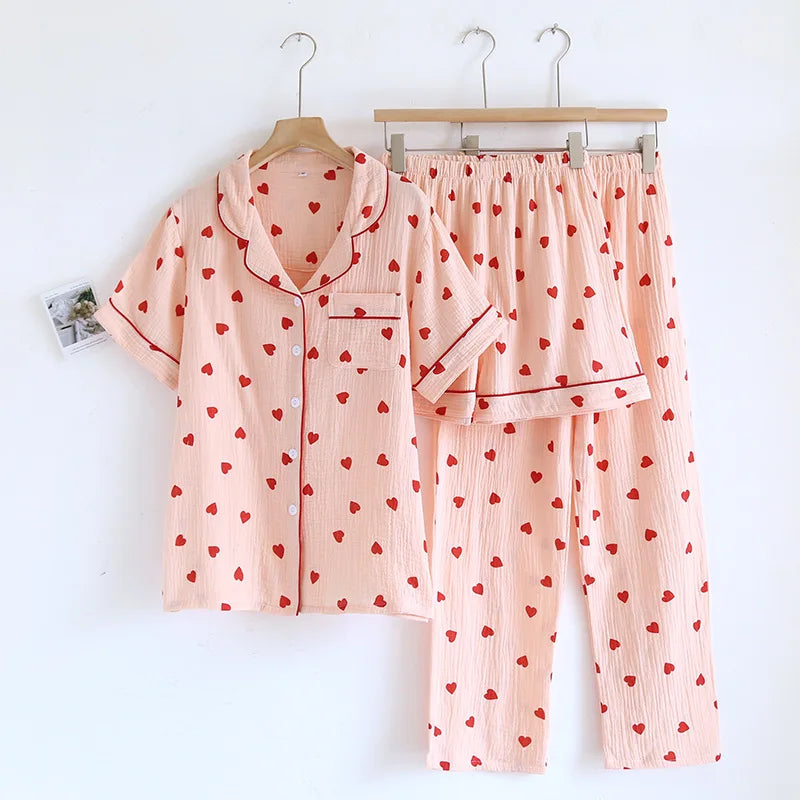 2025 New Summer Pajama Set 100% Cotton Crepe Love Short Sleeves+Shorts+Pants Three Piece Buckle Cute Home Fury Ladies Sleepwear