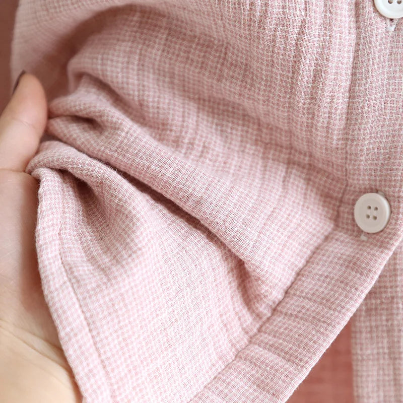 2025 Spring and Autumn New Couple Pajama Set 100% Pure Cotton Crepe Cloth Men's and Women's Stand up Neck Simple Home Clothing