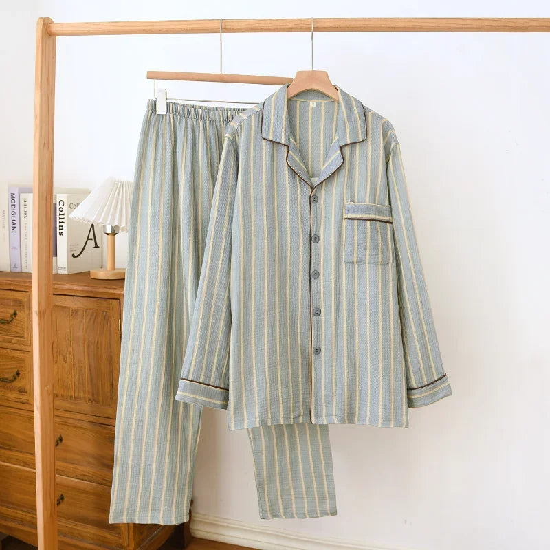 New men's sleepwear two-piece set for spring 2025 100% cotton crepe fabric vertical stripe long sleeved long pants home suit set