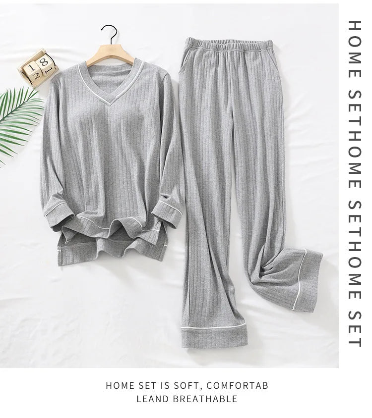 New Spring and Autumn Women's Pajamas Set V-Neck Cotton Thread Knitted Long Sleeve Pants Solid casual two-piece home clothes