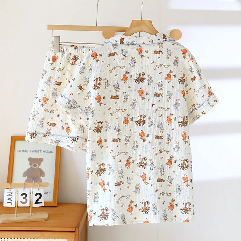 2025 New Summer Women's Pajama Set 100% Cotton Crepe Large Short Sleeve Shorts Two Piece Home Clothes Sleepwear Ladies