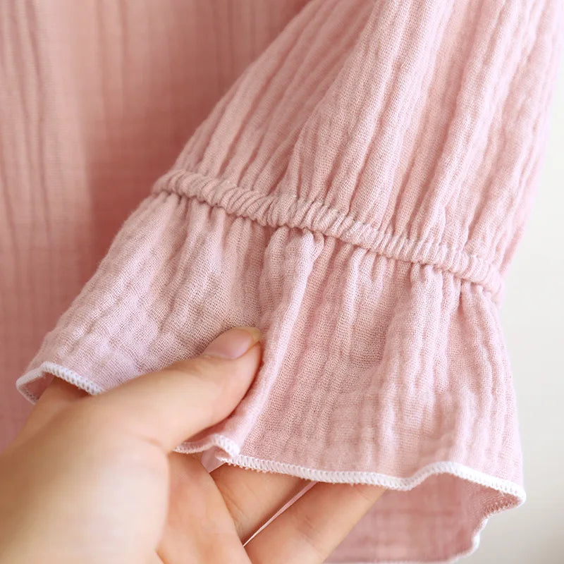 Japanese new spring and summer ladies nightdress 100% cotton crepe long skirt sweet princess long sleeve skirt plus size women