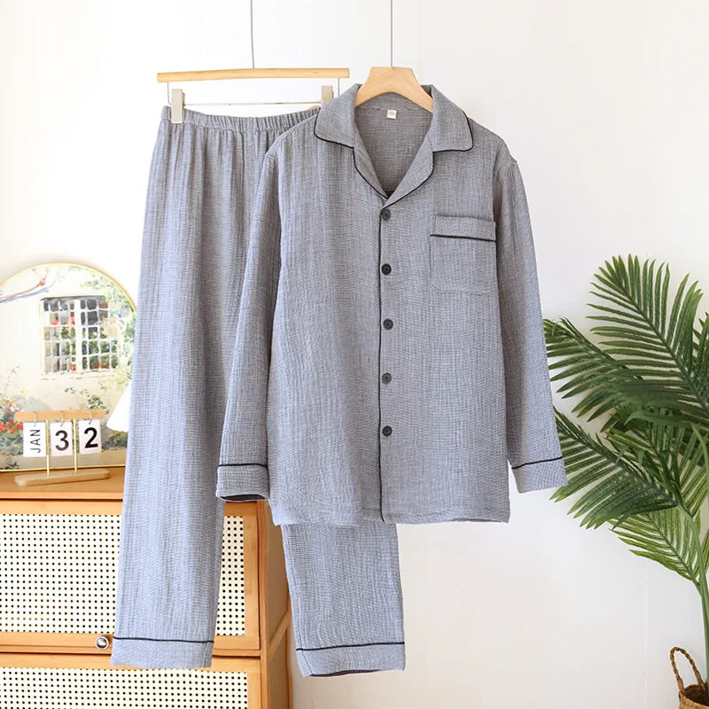 2025 New Spring Couple's Pajama Set 100% Cotton Four Layer Gauze Men's and Women's Long Sleeve Long Pants Two Piece Home Clothes