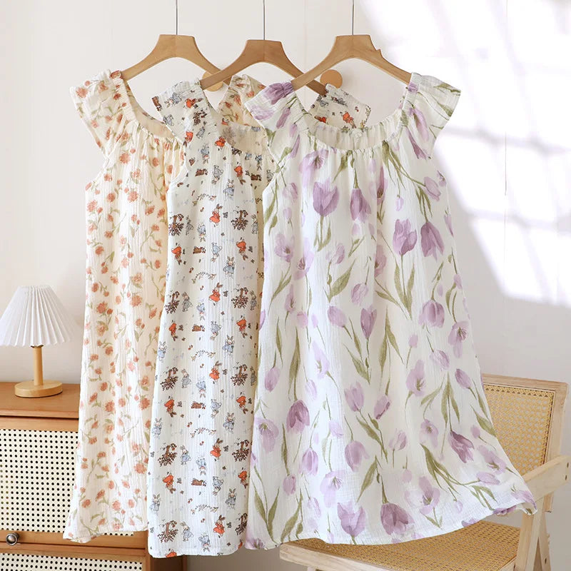2025 New Summer Women's Sleeping Skirt 100% Cotton Crepe Cloth with Chest Cushion Tank Top Skirt Loose Thin Large Home Clothing