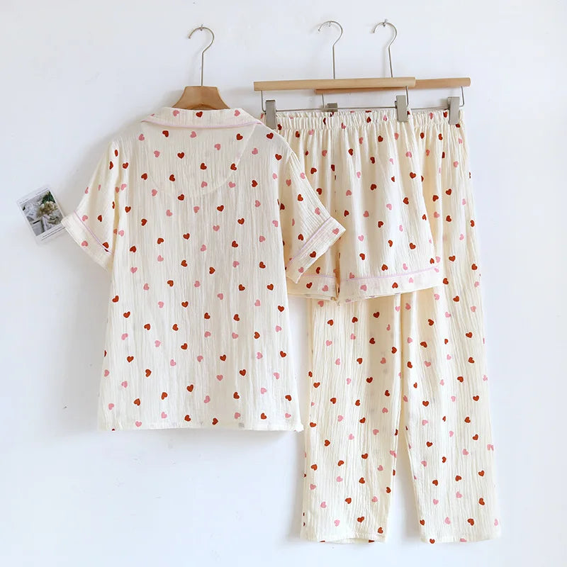 2025 New Summer Pajama Set 100% Cotton Crepe Love Short Sleeves+Shorts+Pants Three Piece Buckle Cute Home Fury Ladies Sleepwear