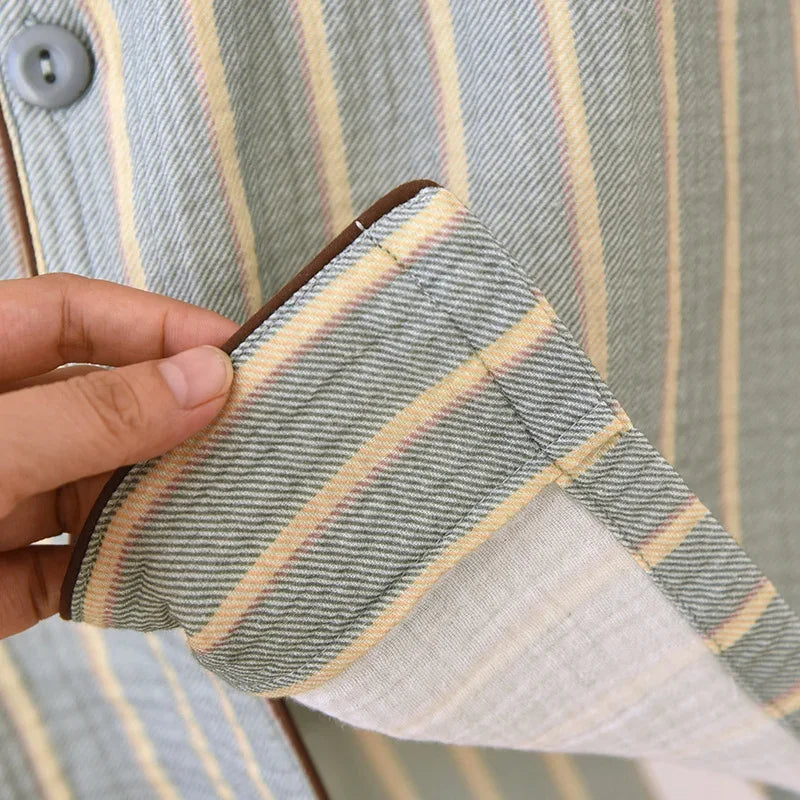 New men's sleepwear two-piece set for spring 2025 100% cotton crepe fabric vertical stripe long sleeved long pants home suit set