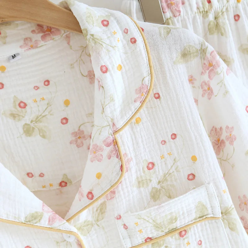 2025 New Spring/Summer Women's Pajama Set 100% Cotton Crepe Short Sleeve+Shorts+Pants 3-Piece Thin cardigan Home Clothes Ladies