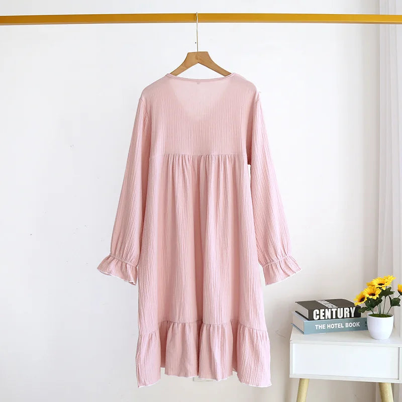 Japanese new spring and summer ladies nightdress 100% cotton crepe long skirt sweet princess long sleeve skirt plus size women