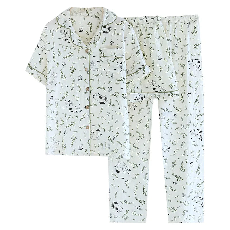 2025 Spring/Summer New Women's Pajamas Three Piece Set 100% Pure Cotton Crepe Thin Short Sleeves+Shorts+Long Pants Home Fury