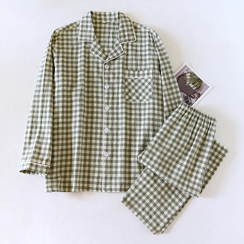 2025 New Japanese Spring and Autumn Couple Pajama Set 100% Cotton Men's and Women's Plaid Long Sleeve Two Piece Home Furnishing