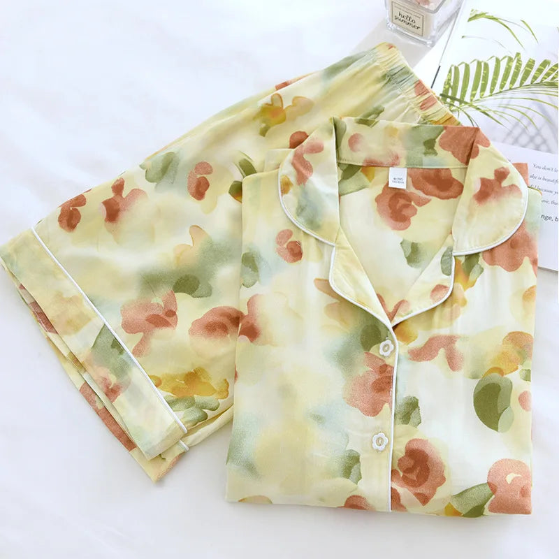 2025 New Summer Women's Pajama Set, Viscous Fiber Short Sleeve Shorts, Two Piece Set, Thin Large Flower Home Fury