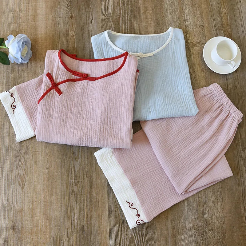 New spring and summer 100% cotton Chinese style women's pajamas two-piece set three-quarter sleeve tops home service suits