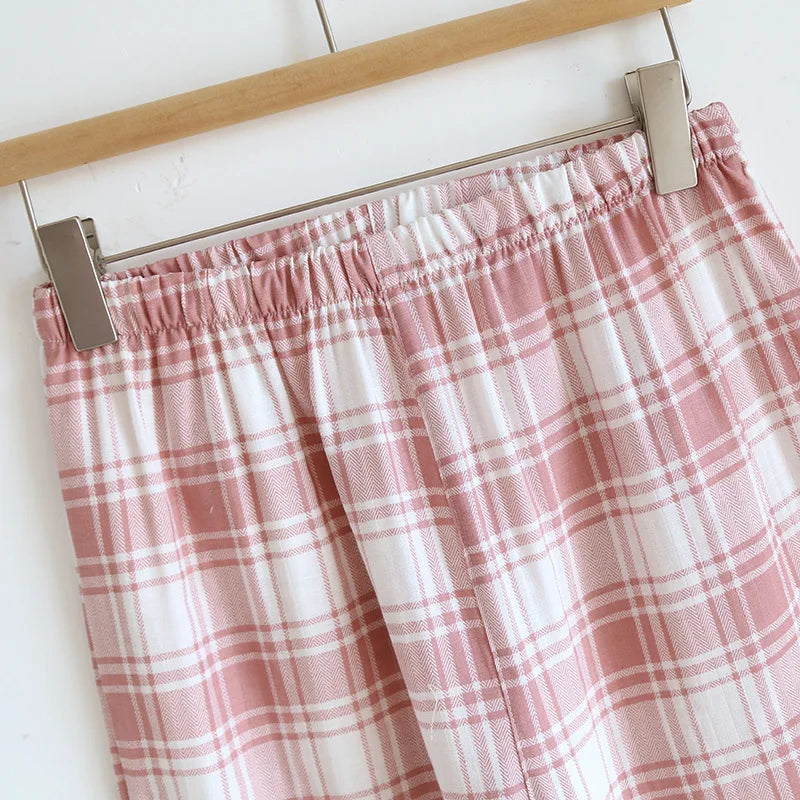 2025 New Summer Women's Pajama Set 100% Cotton Gauze Thin Short Sleeve+Shorts+Pants Simple Checkered Home Furnishing Set
