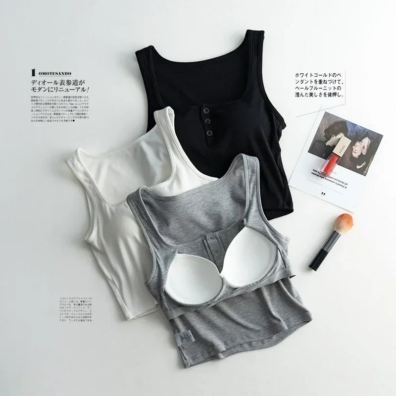 2025 Summer New Women's Short Tank Top with Chest Cushion Bottom Women's Viscous Fiber Inner Strap Top Thin Thread Pajamas