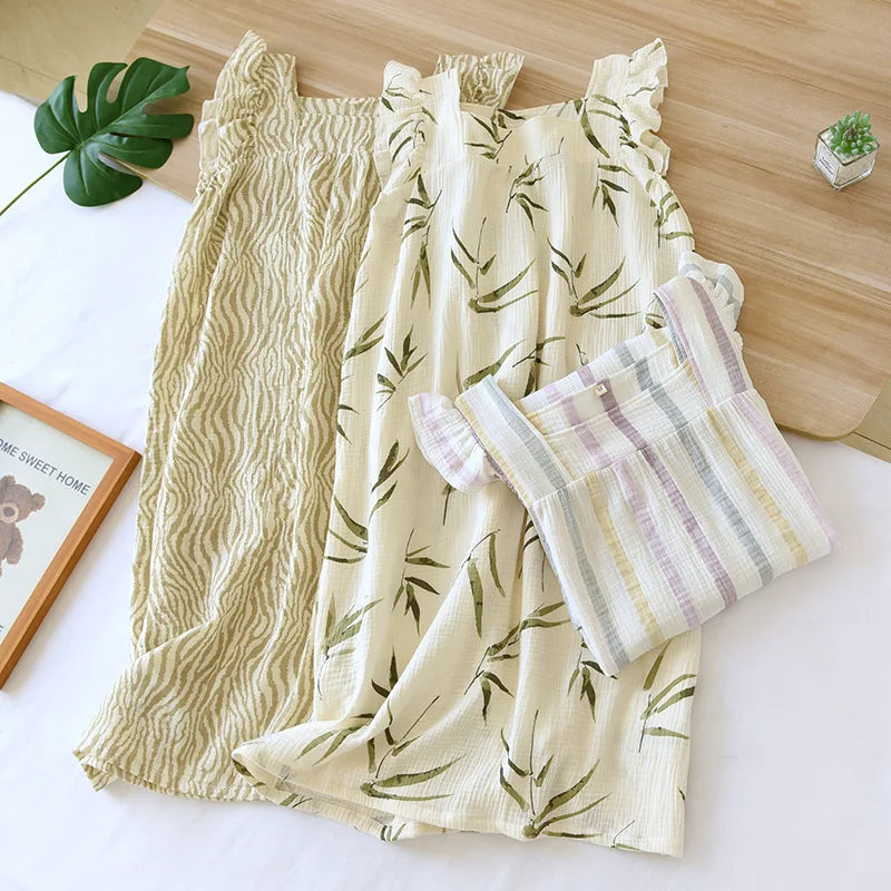 2025 Summer New Women's Sleeping Skirt 100% Cotton Crepe Sling Skirt Soft and Comfortable Sleeveless Tank Top Home Dress Ladies
