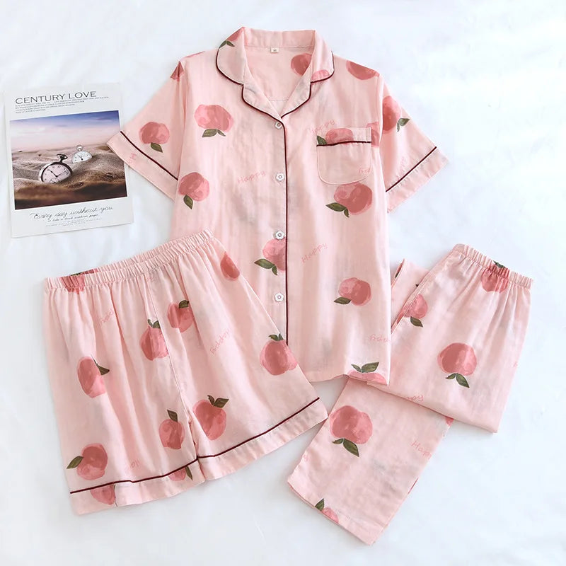 New spring and summer women's pajamas three-piece set short sleeves + shorts + trousers 100%cotton gauze love print homewear set