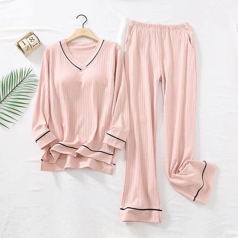 New Spring and Autumn Women's Pajamas Set V-Neck Cotton Thread Knitted Long Sleeve Pants Solid casual two-piece home clothes