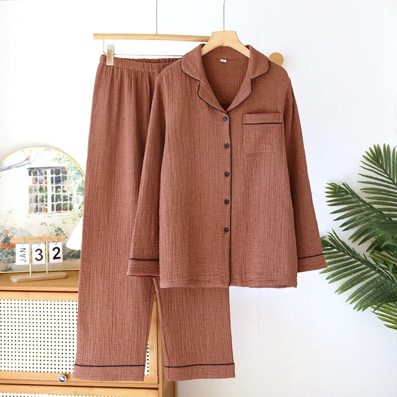 2025 New Spring Couple's Pajama Set 100% Cotton Four Layer Gauze Men's and Women's Long Sleeve Long Pants Two Piece Home Clothes