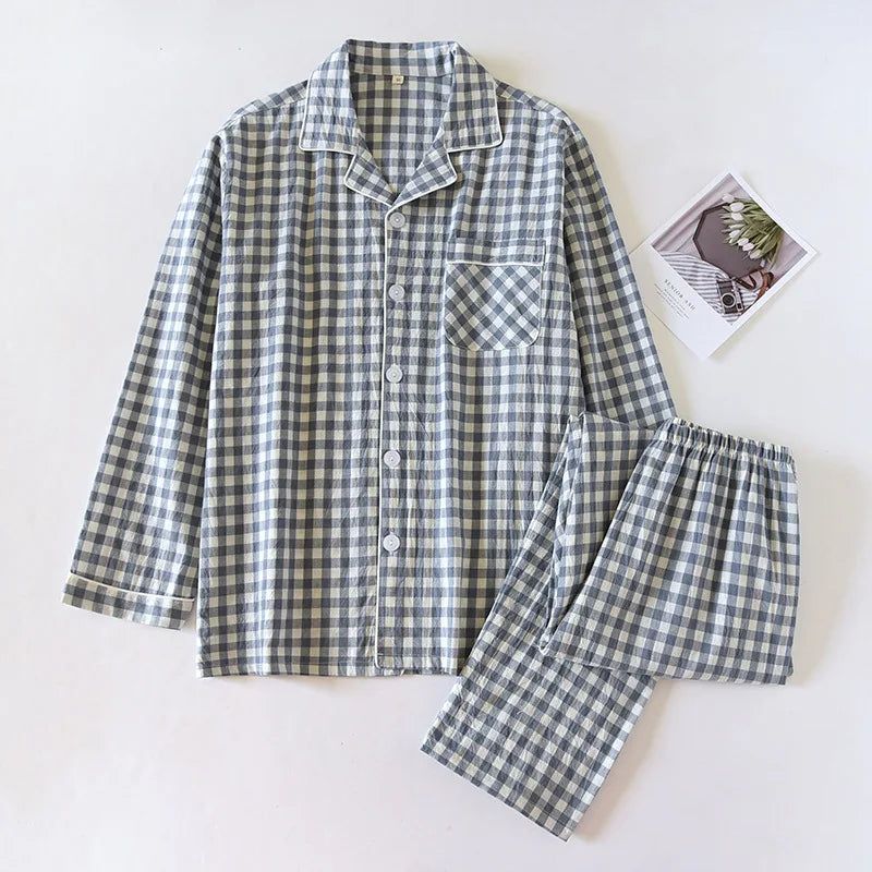 2025 New Japanese Spring and Autumn Couple Pajama Set 100% Cotton Men's and Women's Plaid Long Sleeve Two Piece Home Furnishing