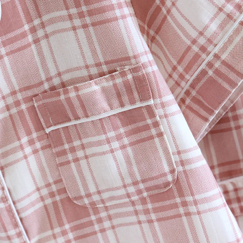 2025 New Summer Women's Pajama Set 100% Cotton Gauze Thin Short Sleeve+Shorts+Pants Simple Checkered Home Furnishing Set
