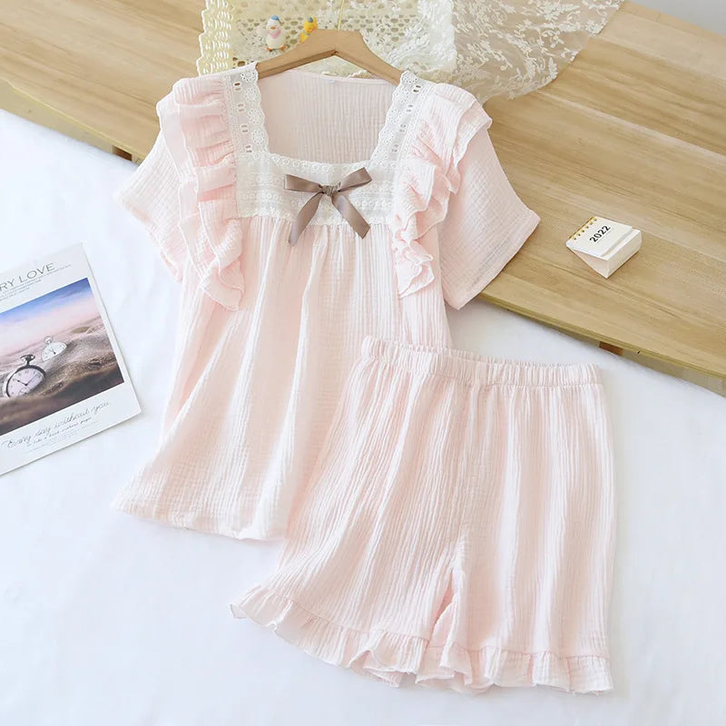 Japanese summer new short-sleeved shorts ladies pajamas set 100% cotton crepe solid color fresh home clothes two-piece set