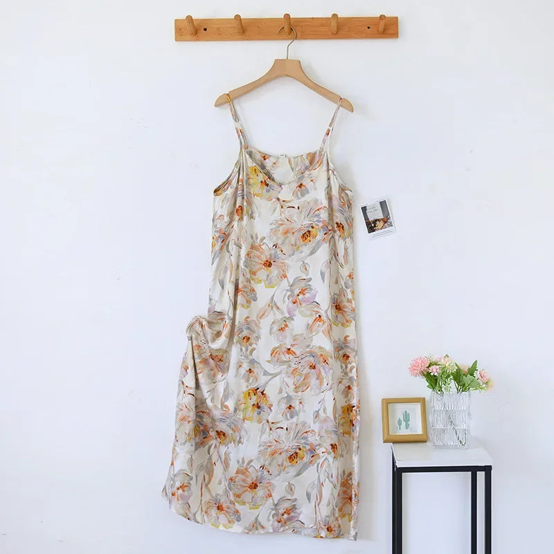 2025 Spring/Summer New Women's Sling Skirt 100% Viscose Fiber Sleeping Skirt Printed Sleeping Skirt Sexy Home Dress for Ladies