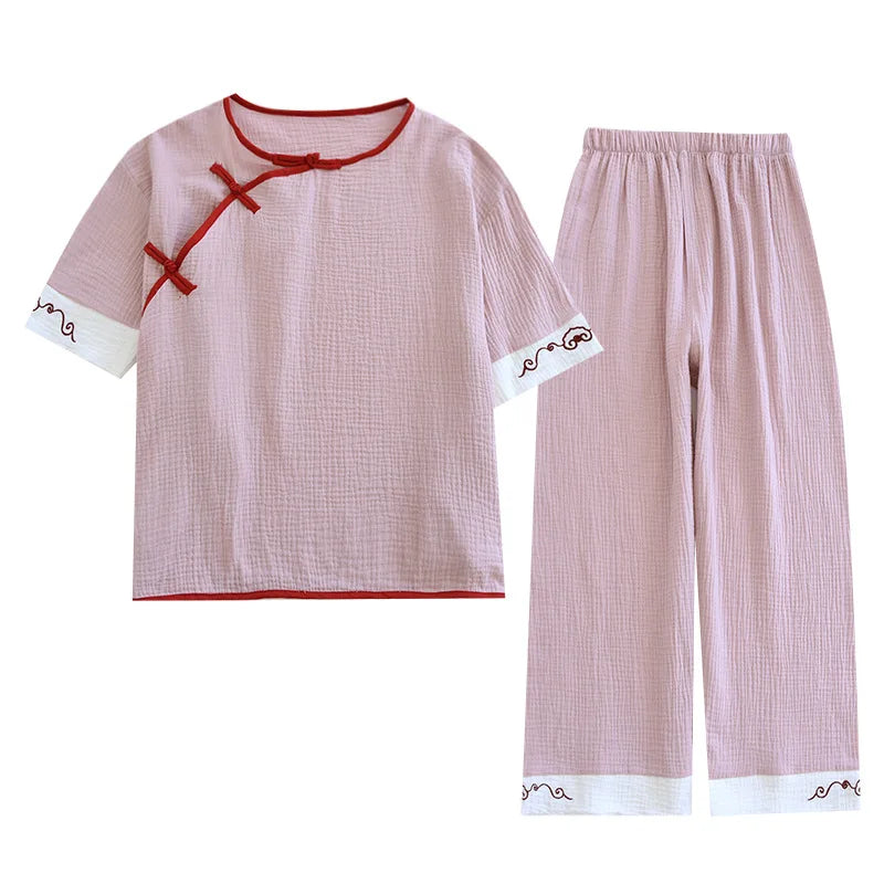 New spring and summer 100% cotton Chinese style women's pajamas two-piece set three-quarter sleeve tops home service suits