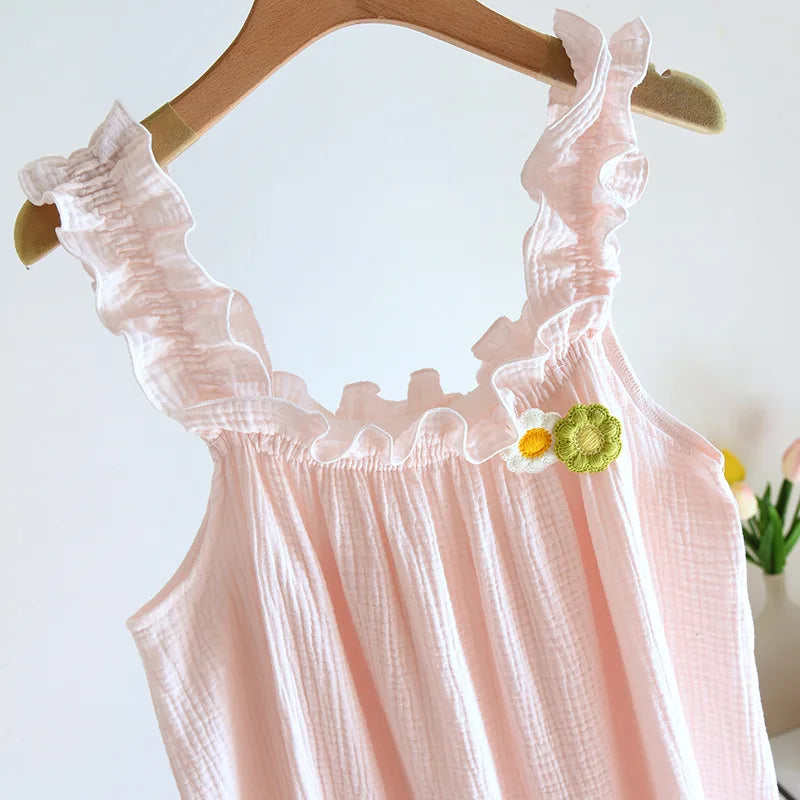 2025 summer new women's suspender nightdress 100% cotton crepe thin style solid color floral vest skirt home skirt sleepwear