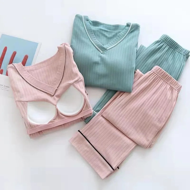 New Spring and Autumn Women's Pajamas Set V-Neck Cotton Thread Knitted Long Sleeve Pants Solid casual two-piece home clothes