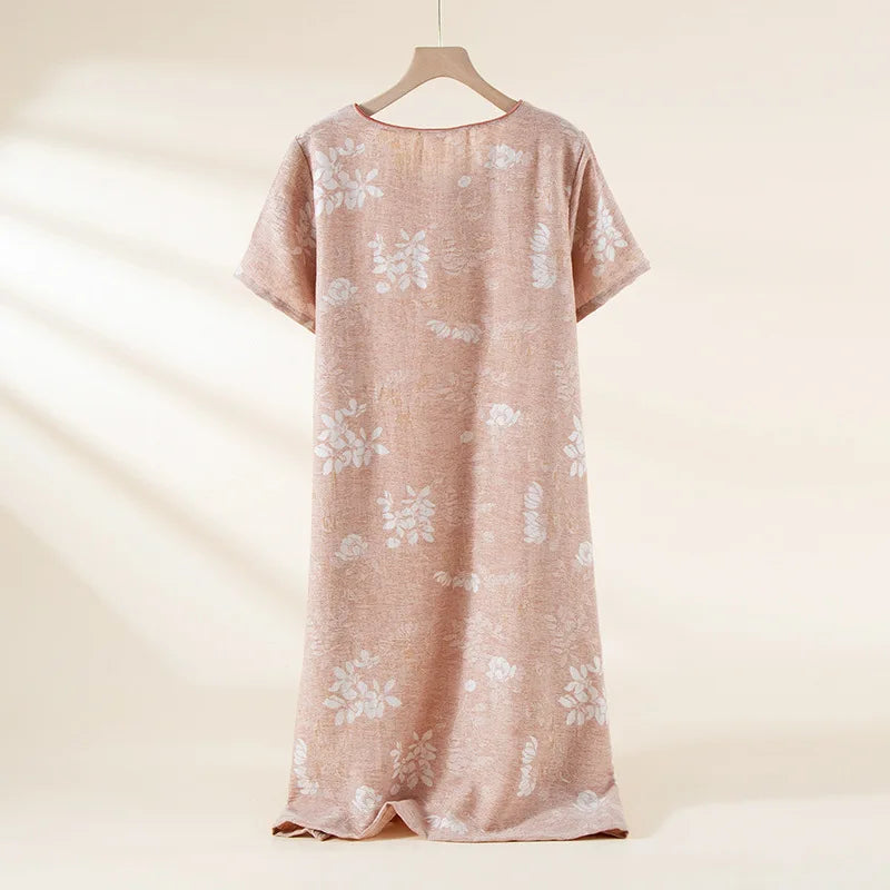 2025 New Summer Women's Sleeping Skirt 100%Cotton Double layer Gauze Jacquard National Style Long Skirt Large Short Sleeve Dress