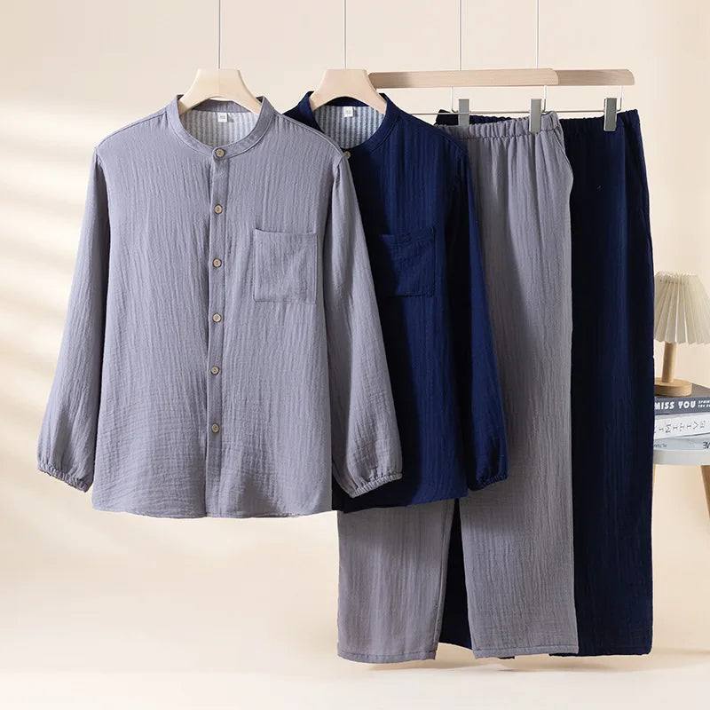2025 New Spring and Autumn Couple's Pajama Set 100% Cotton Men's and Women's Long Sleeve Long Pants Solid Color Home Clothes
