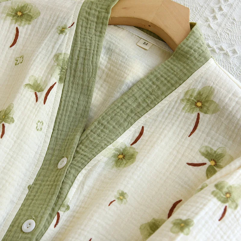 2025 New Spring/Summer Women's Pajama Set Long Sleeve Pants 100% Cotton Crepe Cardigan V-Neck Home Suit Two Piece Set Sleepwear