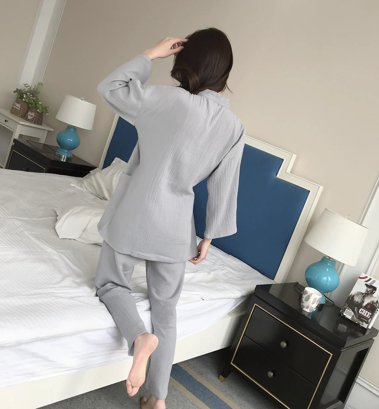 Japanese kimono suit lovers 100% cotton crepe pajamas long sleeved trousers two-piece kimono suit for men and women sleepwear