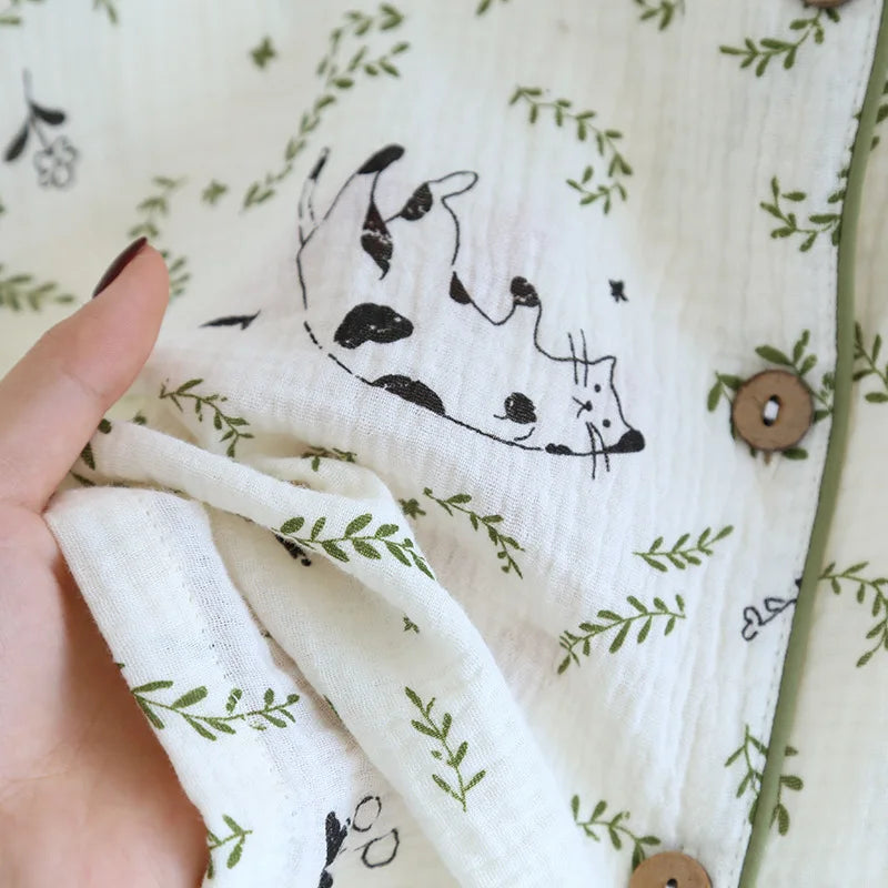2025 Spring/Summer New Women's Pajamas Three Piece Set 100% Pure Cotton Crepe Thin Short Sleeves+Shorts+Long Pants Home Fury