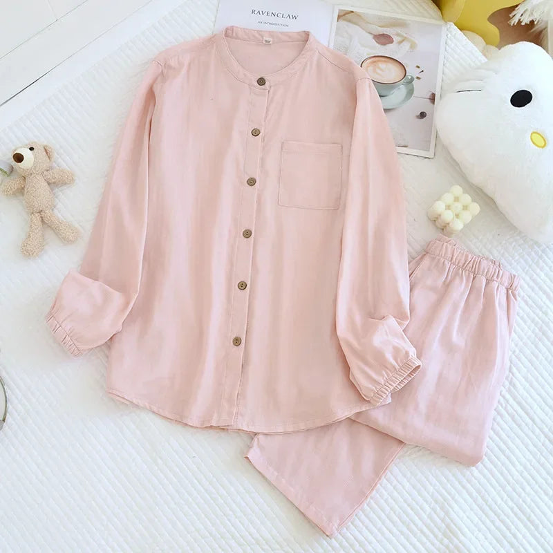 2025 New Spring/Summer Couple's Pajama Set 100% Cotton Simple Men's and Women's Long Sleeve Long Pants Two Piece Home Clothes