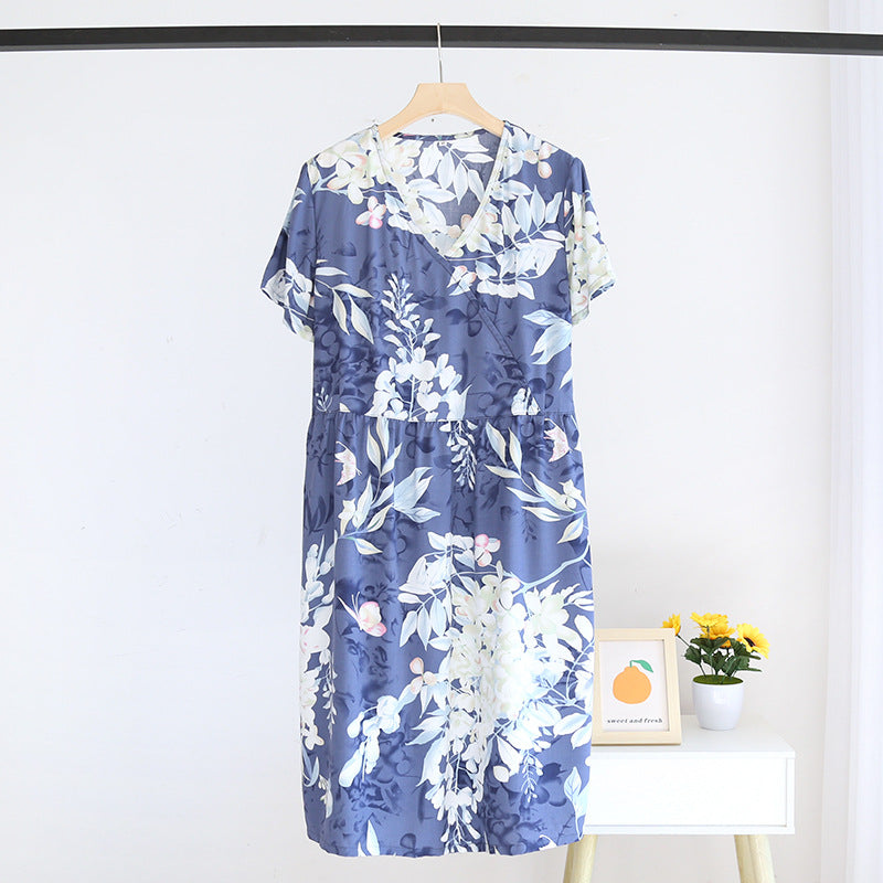 Summer New Ladies V-neck Nightdress 100% Viscose Short Sleeve Home Dress Floral Comfort Large Size Dress Thin Section women