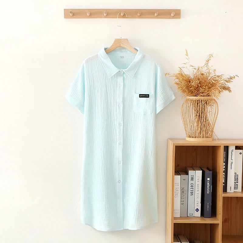 2025 New Summer Sleeping Dress 100% Cotton Crepe Short Sleeve Skirt Shirt Dress Women's Button Long Dress Home Casual Dress