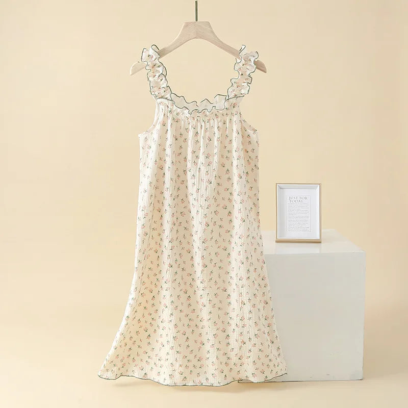 New Summer Ladies Nightdress 100% Cotton Crepe Sling Long Skirt Thin Sleeveless Mid Length Loving Ladies Home Dress plus size