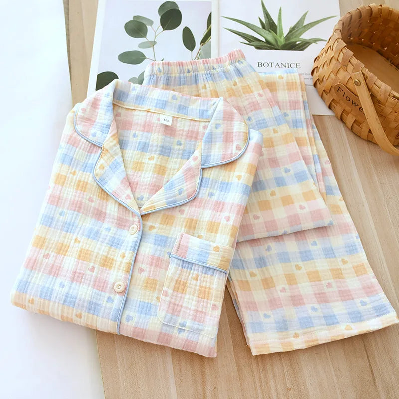 2025 Spring/Summer New Women's Pajama Set 100% Cotton Crepe Collar Love Plaid Long Sleeve Long Pants Home Clothing Set Ladies