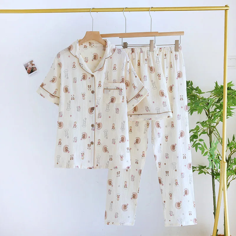 2025 New Women's Spring/Summer Pajama Set 100% Cotton Short Sleeves+Shorts+Long Pants Three Piece Thin Sweet Home Furnishings