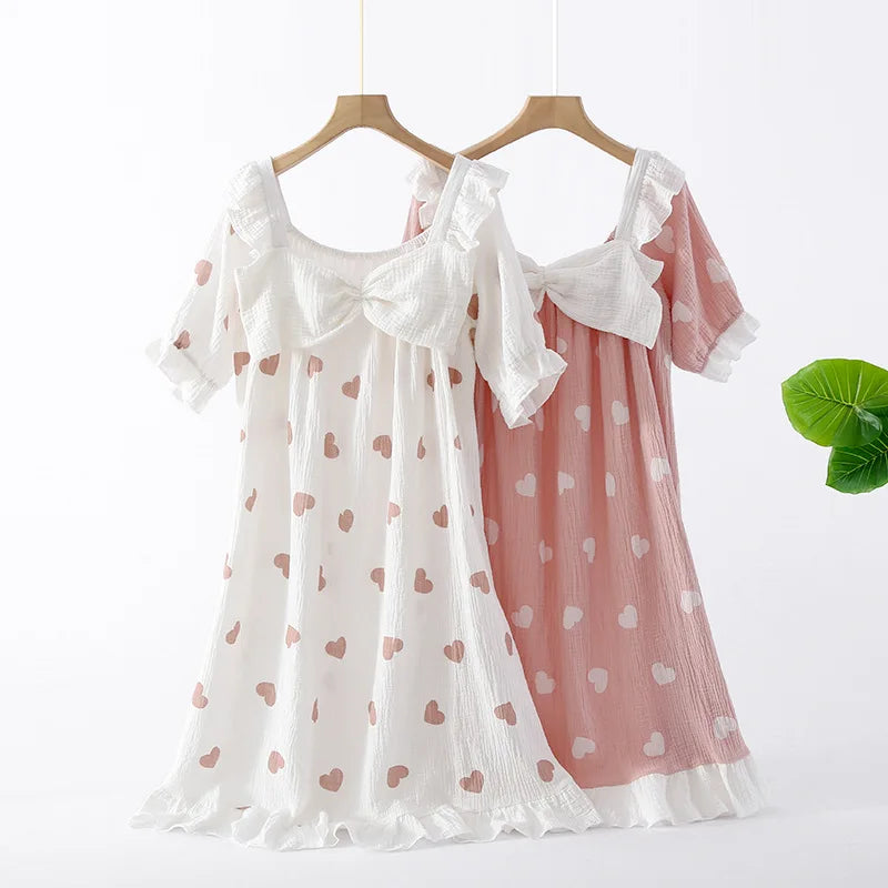 New Summer Long Dress Ladies Short Sleeve Nightdress 100% Cotton Crepe Loose Home Cute Bow Love Dress Home Skirt sleepwear women