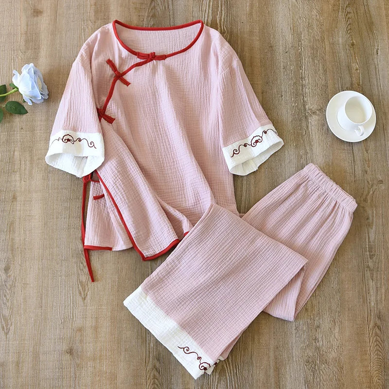 New spring and summer 100% cotton Chinese style women's pajamas two-piece set three-quarter sleeve tops home service suits