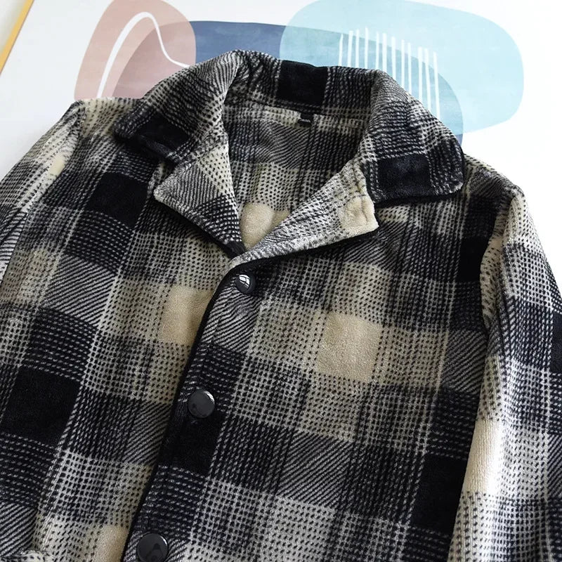 Autumn And Winter New Men's Pajamas Long-sleeved Trousers Two-piece Flannel Thickened Warm Home Service Set Plaid Large Size Men