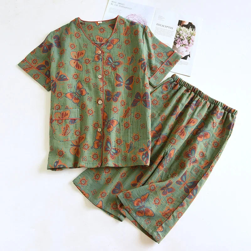 2025 Spring/Summer New Women's Pajama Set 100% Cotton Jacquard Short Sleeves+Capris Two Piece V-Neck Thin Homewear Ladies