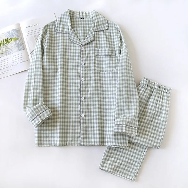 2025 Spring/Summer Couple Pajama Set 100% Cotton Double Layer Gauze Men's and Women's Japanese Plaid Set Long sleeved Home Fury