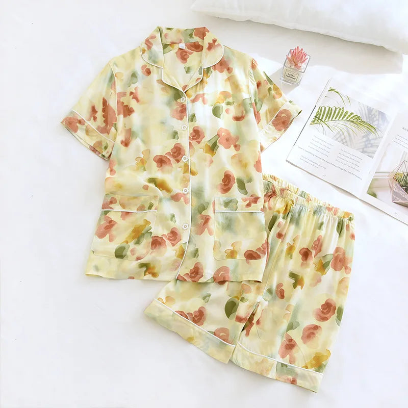 2025 New Summer Women's Pajama Set, Viscous Fiber Short Sleeve Shorts, Two Piece Set, Thin Large Flower Home Fury