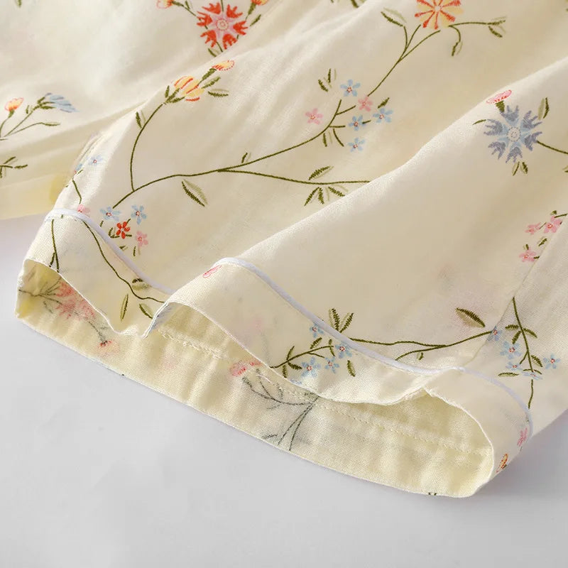 New summer women's pajamas short-sleeved shorts suit cotton double-layer gauze print fresh home clothes two-piece set ladies
